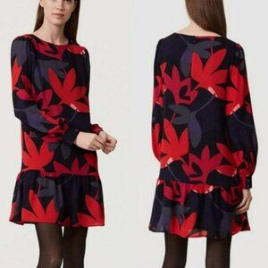 LOFT - Long SLeeve Bold Floral Drop Hem Dress - Size Small Petite